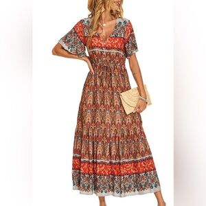 Women’s Zeagoo maxi dress Floral  waist tie drawstring V neck Orange Teal  XL